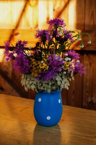 Colorful Bouquet Summer Meadow Flowers Blue Vase — Stock Photo, Image