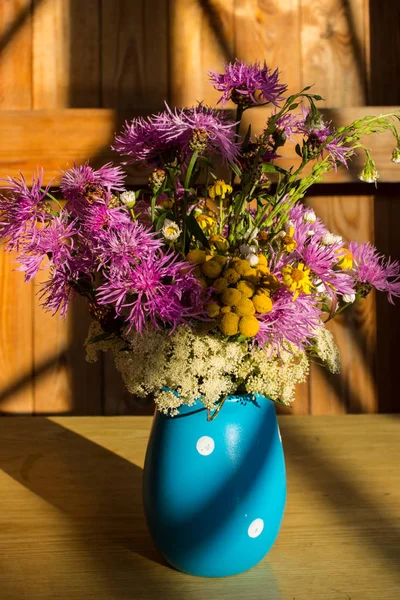 Colorful Bouquet Summer Meadow Flowers Blue Vase — Stock Photo, Image