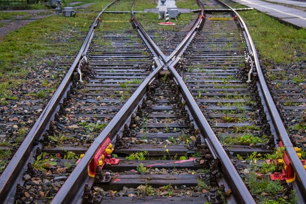 Demiryolu Oku Raylar Uyuyanlar Ile Yakın Çekim — Stok fotoğraf