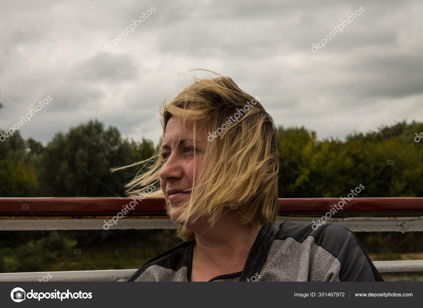 White Blonde Woman Years Old Short Hair Flying Wind Board Stock