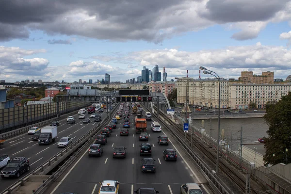 Moscú Rusia Septiembre 2019 Vista Superior Carretera Con Tráfico Complejo — Foto de Stock