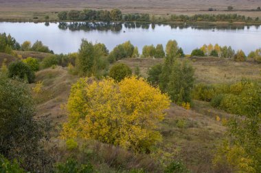 Konstantinovo köyü Rusya'da nehir ve tepeler bulutlu gün ile Sonbahar panoramik manzara