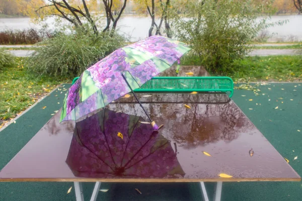 Paraguas Ligero Una Mesa Ping Pong Húmeda Con Reflejo Lluvia — Foto de Stock