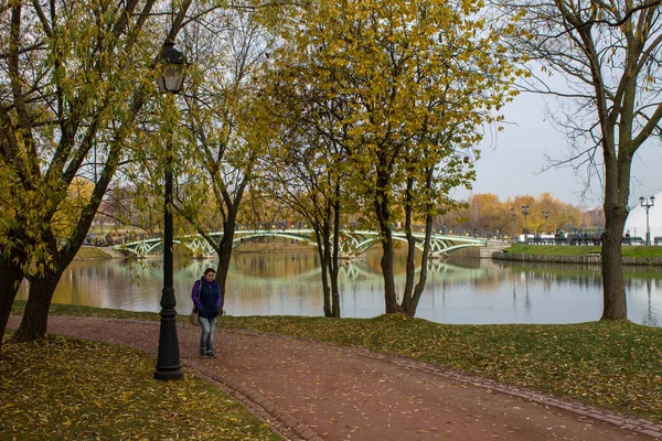 Moskou Rusland Oktober 2019 Groene Ijzeren Brug Vijver Tsaritsyno Park — Stockfoto