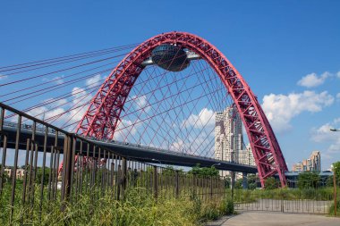 Berrak bir yaz gününde Moskova nehri ve modern mimari yapıların manzarası.