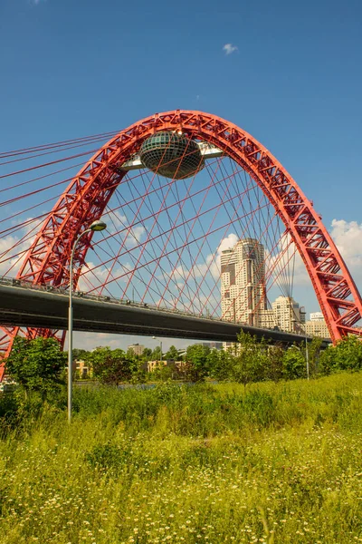 Вид Живописный Красный Мост Через Москву Реку Современные Архитектурные Сооружения — стоковое фото
