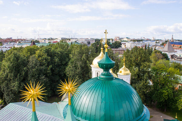 panoramic view of the old city with historical architecture against a blue sky with white clouds on a clear summer day and space for copying in Yaroslavl Russia
