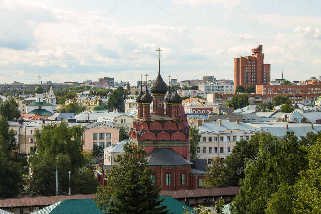 panoramic view of the old city with historical architecture against a blue sky with white clouds on a clear summer day and space for copying in Yaroslavl Russia