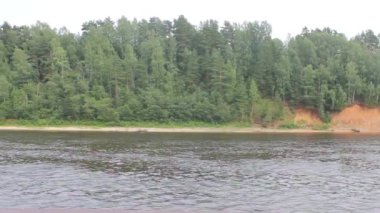 Rusya 'daki Volga nehri kıyısında açık bir yaz günü yeşil ağaçlarla yüzen ve kopyalamak için yeterli alan