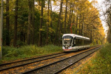 Tramvay bir sonbahar günü İzmailovsky Parkı 'nda ağaçların arasında demiryolu ile seyahat ediyor ve Moskova Rusya' da uzayı kopyalıyor.