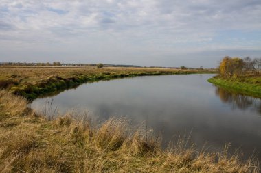 Sonbahar manzarası - Sarı çimenli nehrin kıvrımı ve bulutlu gökyüzünün yansıması ve kopyalamak için alan