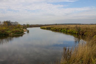 Sonbahar manzarası - Sarı çimenli nehrin kıvrımı ve bulutlu gökyüzünün yansıması ve kopyalamak için alan
