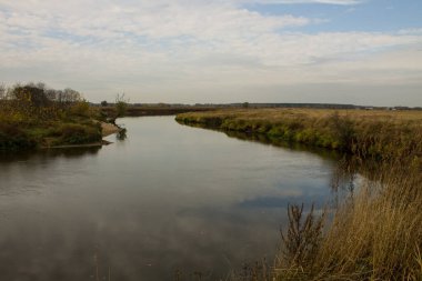 Sonbahar manzarası - Sarı çimenli nehrin kıvrımı ve bulutlu gökyüzünün yansıması ve kopyalamak için alan