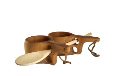 İki fin geleneksel ahşap kupa kuksa ve ahşap kaşık