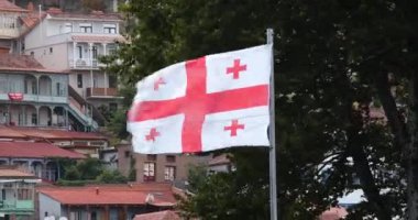 Gürcistan bayrağı güçlü bir rüzgarda dalgalanıyor Ağaçların ve dağların arka planında