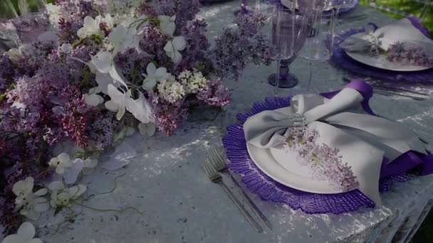 여름 웨딩 피크닉을 위해 마련 된 장식 된 축제용 식탁 — 비디오