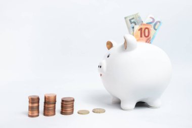 Sparschwein wei mit Geldmuenzen und Geldscheinen