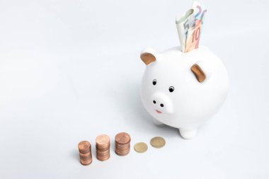 Sparschwein wei mit Geldmuenzen und Geldscheinen
