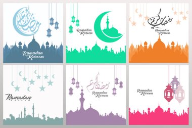 Ramazan kaligrafi ve süsleme girdap çerçevesi ile süslü kare tebrik kartları ayarlayın. vektör illüstrasyon