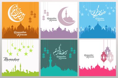 Ramazan kaligrafi ve süsleme girdap çerçevesi ile süslü kare tebrik kartları ayarlayın. vektör illüstrasyon