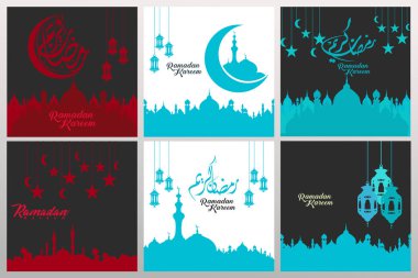 Ramazan kaligrafi ve süsleme girdap çerçevesi ile süslü kare tebrik kartları ayarlayın. vektör illüstrasyon