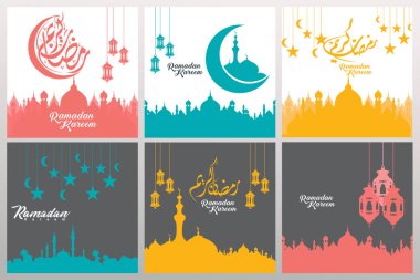 Ramazan kaligrafi ve süsleme girdap çerçevesi ile süslü kare tebrik kartları ayarlayın. vektör illüstrasyon