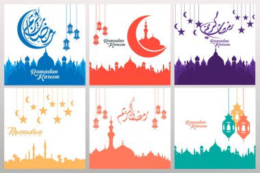 Ramazan kaligrafi ve süsleme girdap çerçevesi ile süslü kare tebrik kartları ayarlayın. vektör illüstrasyon