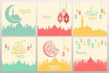 Ramazan kaligrafi ve süsleme girdap çerçevesi ile süslü kare tebrik kartları ayarlayın. vektör illüstrasyon