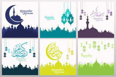 Ramazan kaligrafi ve süsleme girdap çerçevesi ile süslü kare tebrik kartları ayarlayın. vektör illüstrasyon