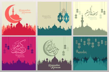 Ramazan kaligrafi ve süsleme girdap çerçevesi ile süslü kare tebrik kartları ayarlayın. vektör illüstrasyon