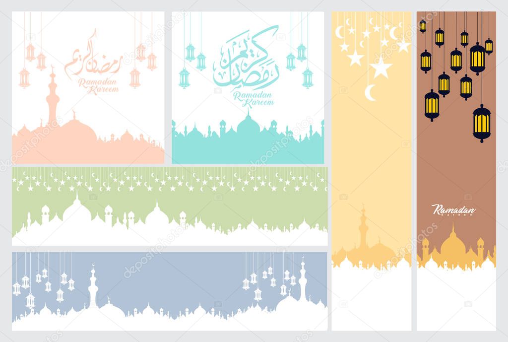 Set of ornate square greeting cards with ramadan calligraphy and ornament swirl frame. vector illustration
