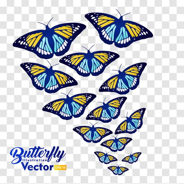 Viele Schmetterlinge fliegen, isoliert auf transparentem Hintergrund — Stockvektor