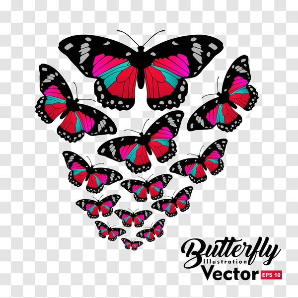 Многие бабочки летают, изолированные на прозрачном фоне — стоковый вектор