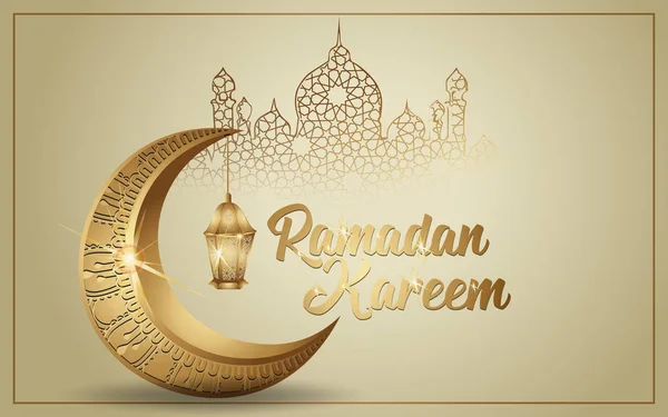 Kareem Ramadán con oro lujoso luna creciente y linterna, plantilla islámica adornado tarjeta de felicitación vector — Vector de stock