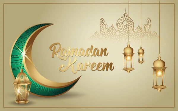 Ramadã kareem com lua crescente luxuosa dourada e lanterna, modelo islâmico ornamentado cartão vetor —  Vetores de Stock
