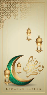 Altın lüks hilal ay ve Geleneksel fener ile Ramazan kareem, Mobil arayüz duvar kağıdı tasarımı akıllı telefonlar, cep telefonları, cihazlar için şablon İslami süslü tebrik kartı vektör.