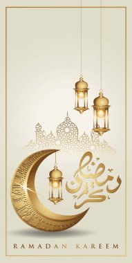 Altın lüks hilal ay ve Geleneksel fener ile Ramazan kareem, Mobil arayüz duvar kağıdı tasarımı akıllı telefonlar, cep telefonları, cihazlar için şablon İslami süslü tebrik kartı vektör.