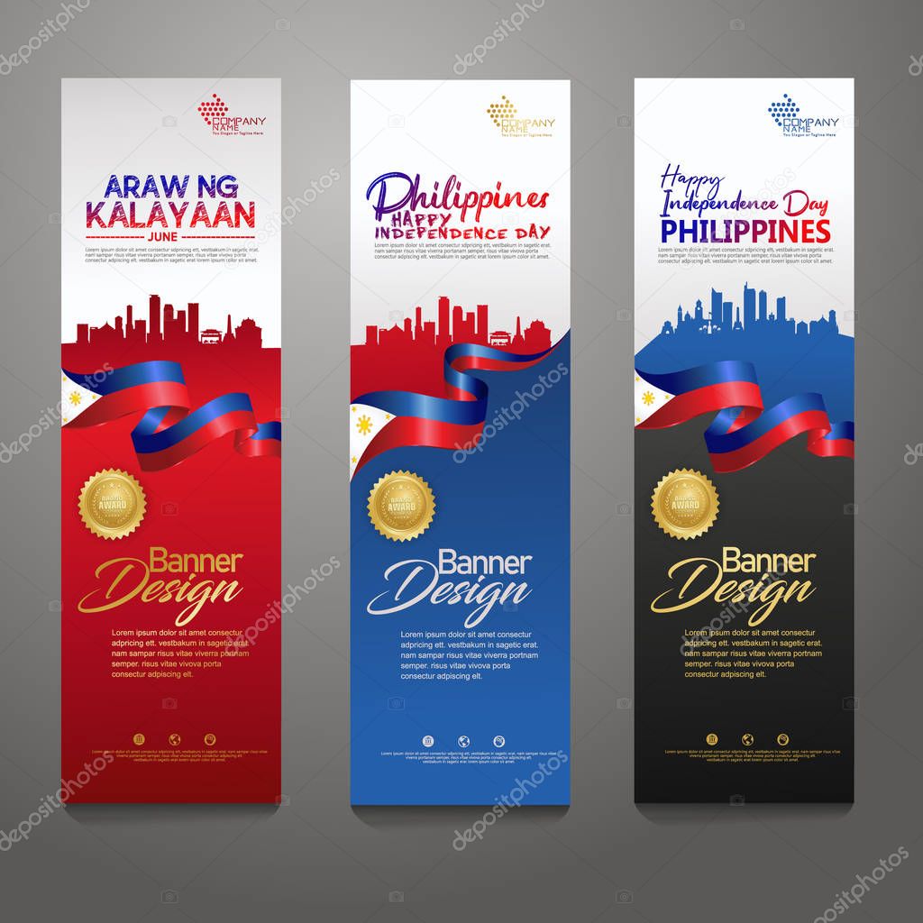 Set vertical banner design template. Happy Independence Day Philippines modern background with ribbon flag, gold award ribbon and silhouette city