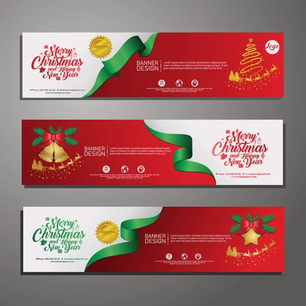 Drei weihnachtliche horizontale Banner mit Weihnachtsmann, Glocken, Bändern und Sternen. Neujahrs- und Weihnachtskarten-Illustration auf Hintergrund — Stockvektor