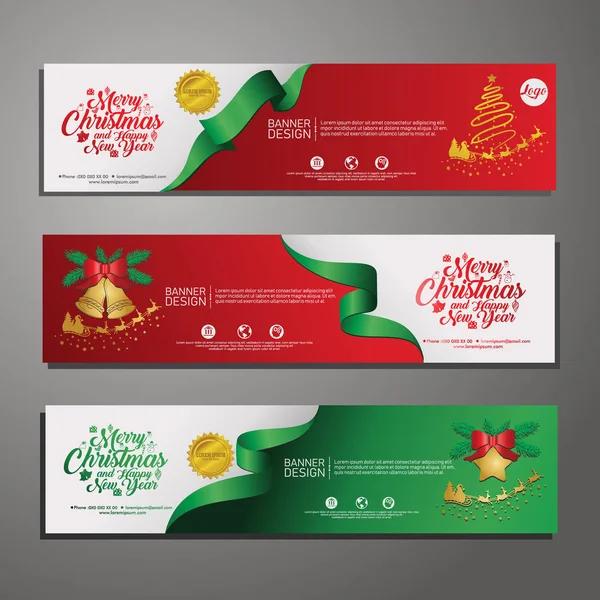 Trois bannières horizontales de Noël avec santa claus, cloches de jingle, rubans et étoiles. Nouvel an et illustration de carte de Noël sur fond — Image vectorielle