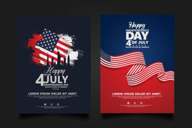 4 Temmuz Bağımsızlık Günü 'nün tasarım şablonu, broşür, poster, broşür, broşür, broşür, broşür, broşür, yıllık rapor ve diğer kullanıcılar için kurdele bayraklı arka plan. vektör illüstrasyonu.
