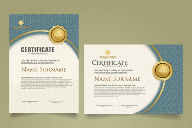 Dikey ve yatay sertifika şablonunu eğri süslemesi ve modern şablon üzerine etkileyici dokuyla ayarla. Diploma. Vektör illüstrasyonu