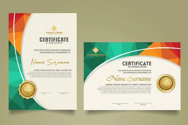 Modern sertifika şablonunu üçgen geometrik çokgenle dairesel çizgilerin dekoratif arka planına ayarla. vektör çizimleri