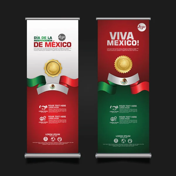 Celebração Dia Independência México Roll Banner Set Design Vector Template — Vetor de Stock