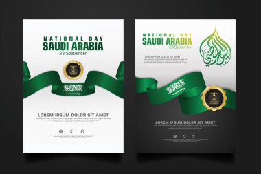 Suudi Arabistan 'da, elementler için Arapça kaligrafi, poster, broşür, broşür, derleme, kitap ve diğer kullanıcıları içeren mutlu bir Ulusal Gün şablonu.