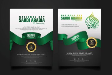 Suudi Arabistan 'da, elementler için Arapça kaligrafi, poster, broşür, broşür, derleme, kitap ve diğer kullanıcıları içeren mutlu bir Ulusal Gün şablonu.