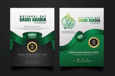 Suudi Arabistan 'da, elementler için Arapça kaligrafi, poster, broşür, broşür, derleme, kitap ve diğer kullanıcıları içeren mutlu bir Ulusal Gün şablonu.