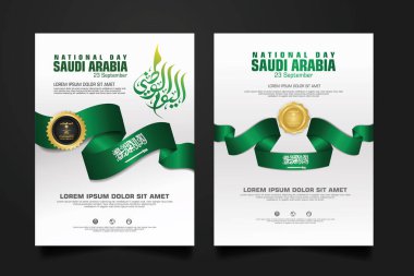 Suudi Arabistan 'da, elementler için Arapça kaligrafi, poster, broşür, broşür, derleme, kitap ve diğer kullanıcıları içeren mutlu bir Ulusal Gün şablonu.