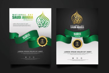 Suudi Arabistan 'da, elementler için Arapça kaligrafi, poster, broşür, broşür, derleme, kitap ve diğer kullanıcıları içeren mutlu bir Ulusal Gün şablonu.