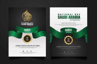 Suudi Arabistan 'da, elementler için Arapça kaligrafi, poster, broşür, broşür, derleme, kitap ve diğer kullanıcıları içeren mutlu bir Ulusal Gün şablonu.